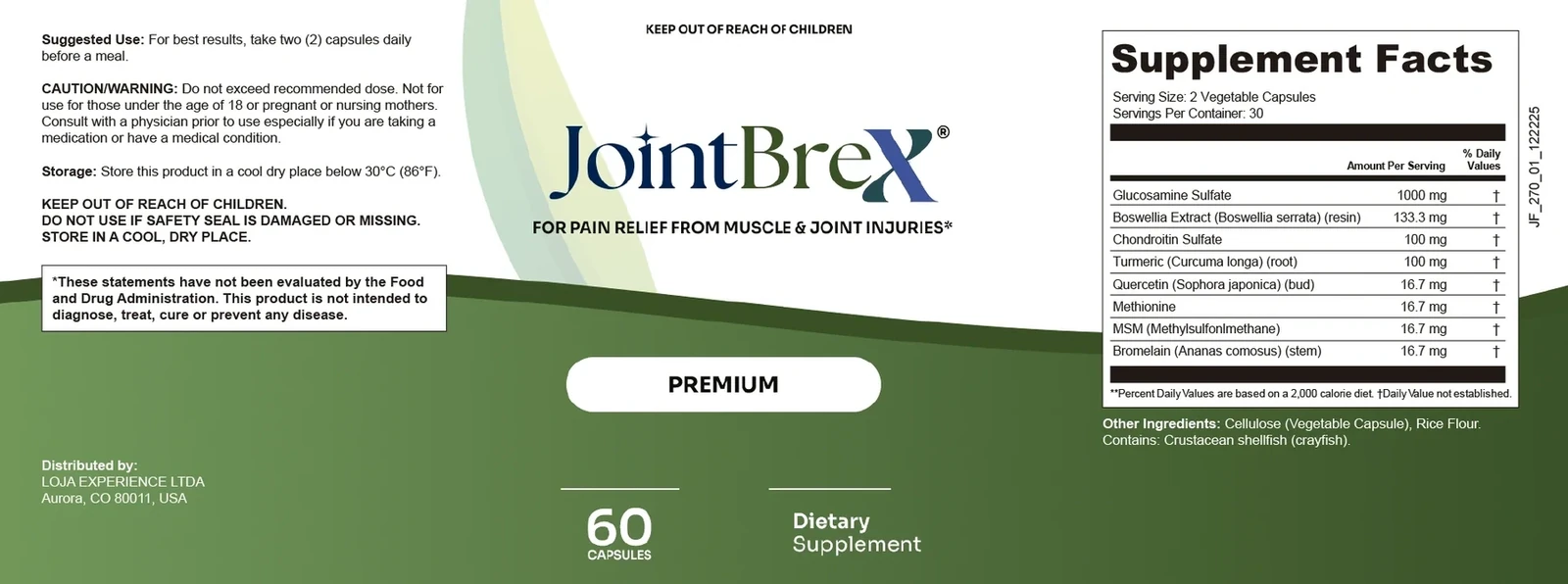 JointBrex label: suggested use two capsules daily before a meal; caution for under 18, pregnant or nursing; Supplement Facts with eight ingredients and amounts; contains crustacean shellfish (crayfish)